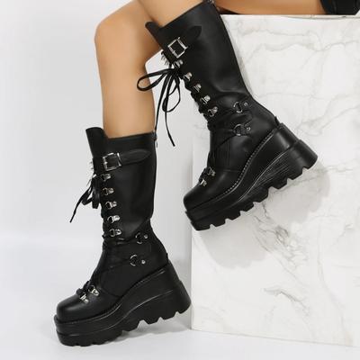 Fashion Women Motorcycle Boots New Gothic Style Platform Mid-calf Boots Women Autumn Wedges Comfortable Shoes for Woman Zapatos De Mujer