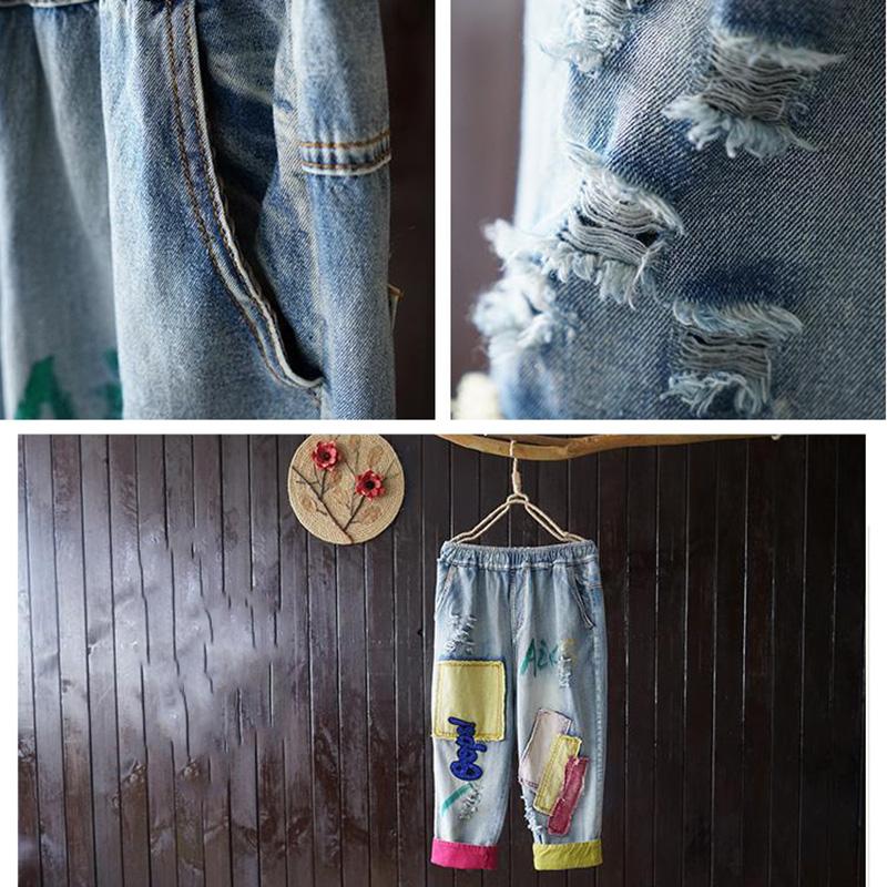 WTEMPO Jeans da donna ricamati a vita elastica con strappi e colore a contrasto, larghi taglie forti, jeans sottili cropped