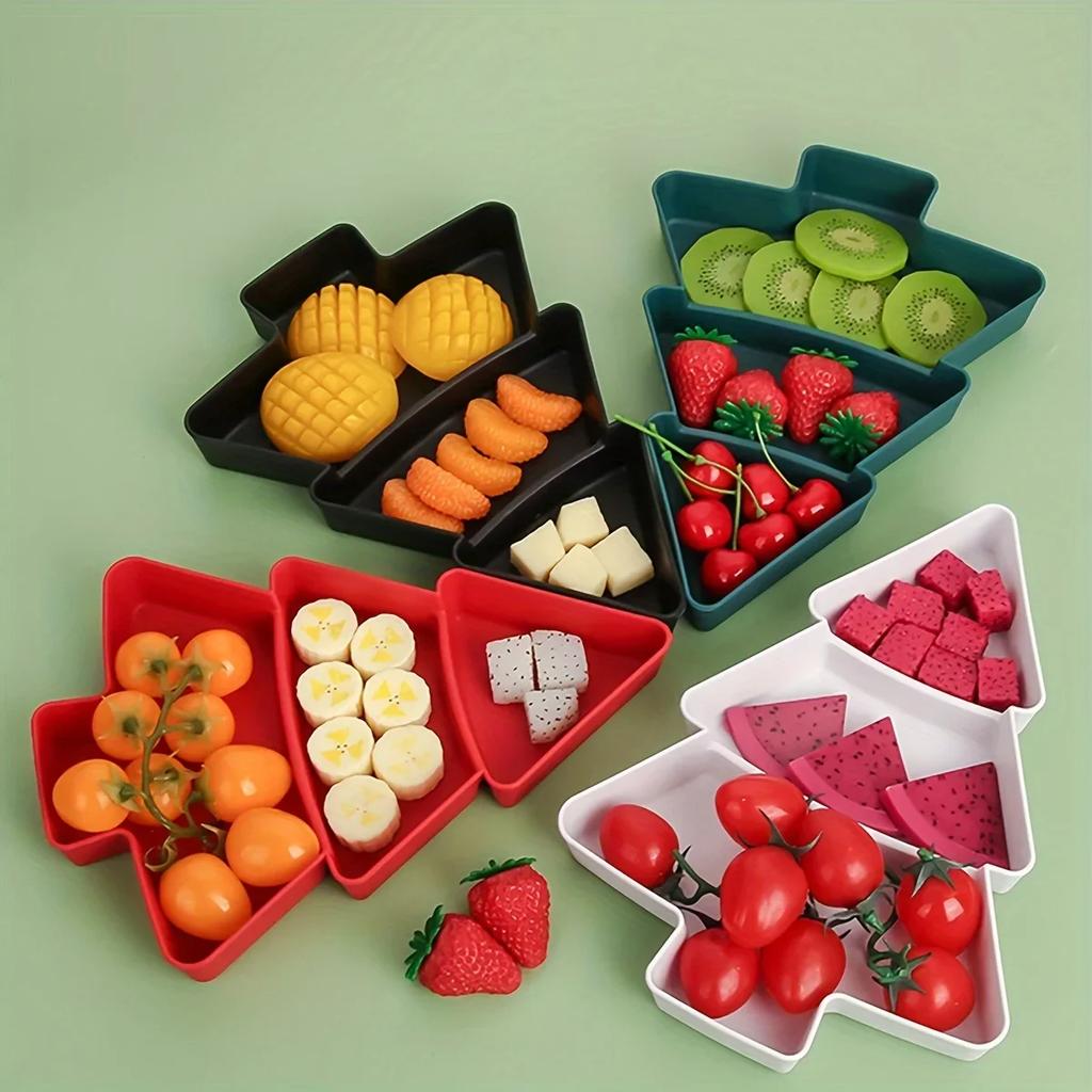 1pc/2pcs-Christmas Tree Shaped Fruit Tray with Compartments for Household Snacks, Plastic Candy and Dried Fruit Storage Box