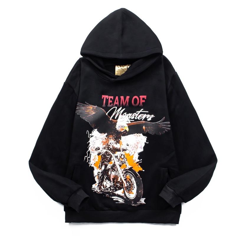 American high street trendy brand autumn and winter retro motorcycle eagle hooded sweater ins super, fire hoodie men's and women's same top