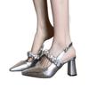 New 2025 Spring and Summer Silver Women's French with Thick Heels Single Shoes Pointed High Heels Hollow One-word Buckle Versatile Sandals Women