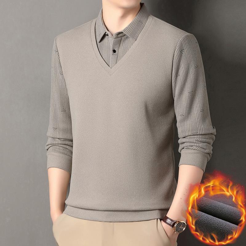 Мужская зимняя флисовая рубашка-двойка: Термобелье из смеси шерсти и шелка с воротником. 3XL