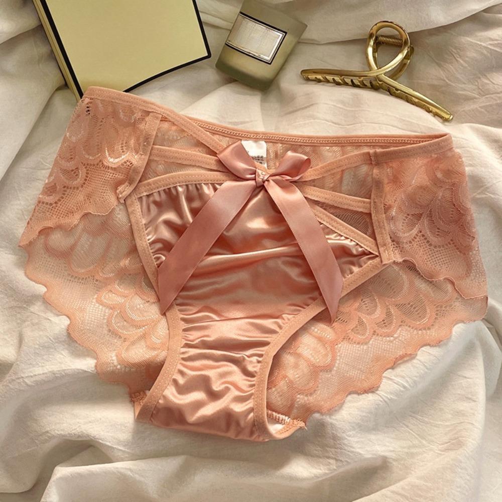 Bowknot Lace Mesh Briefs French Style Low Waist Underpants Fashion Satin Panties  Daily