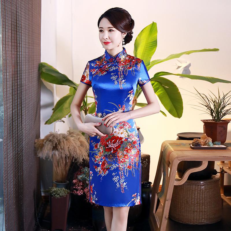 Women Dress Stand Collar Satin Cheongsam Dress For Daily Banquet Costumes