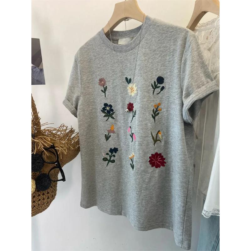 Women Summer Floral Embroidery Short Sleeve T Shirt