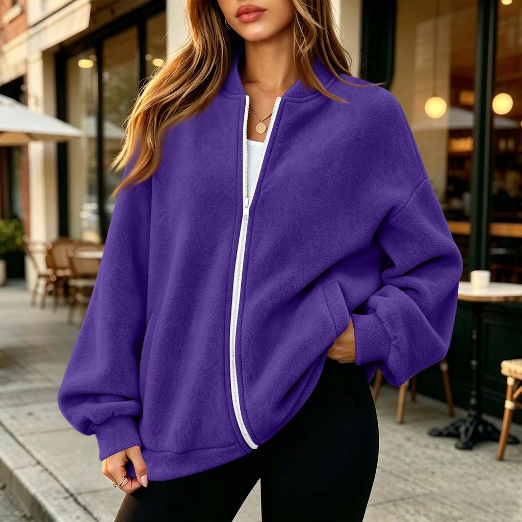 Women's Long Sleeve Baseball Collar Zipper Jacket, Loose Fit, Color