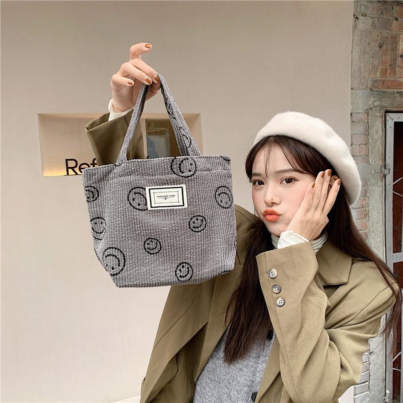Vintage Corduroy Polka Dot Tote Bag For Women Soft Handle Cute Lunch Bag