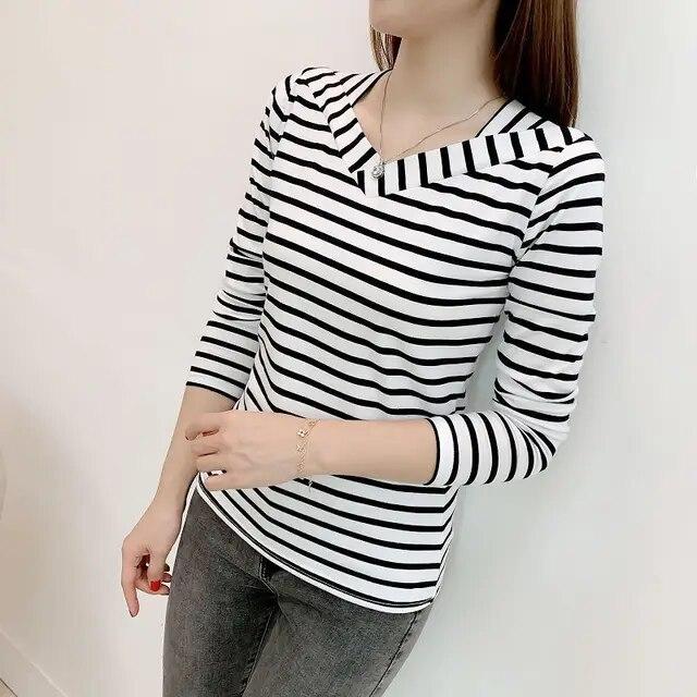 95 Cotton Long Sleeved Striped T-shirt Women's Fashion Spring Autumn New V-neck Bottoming Blouse