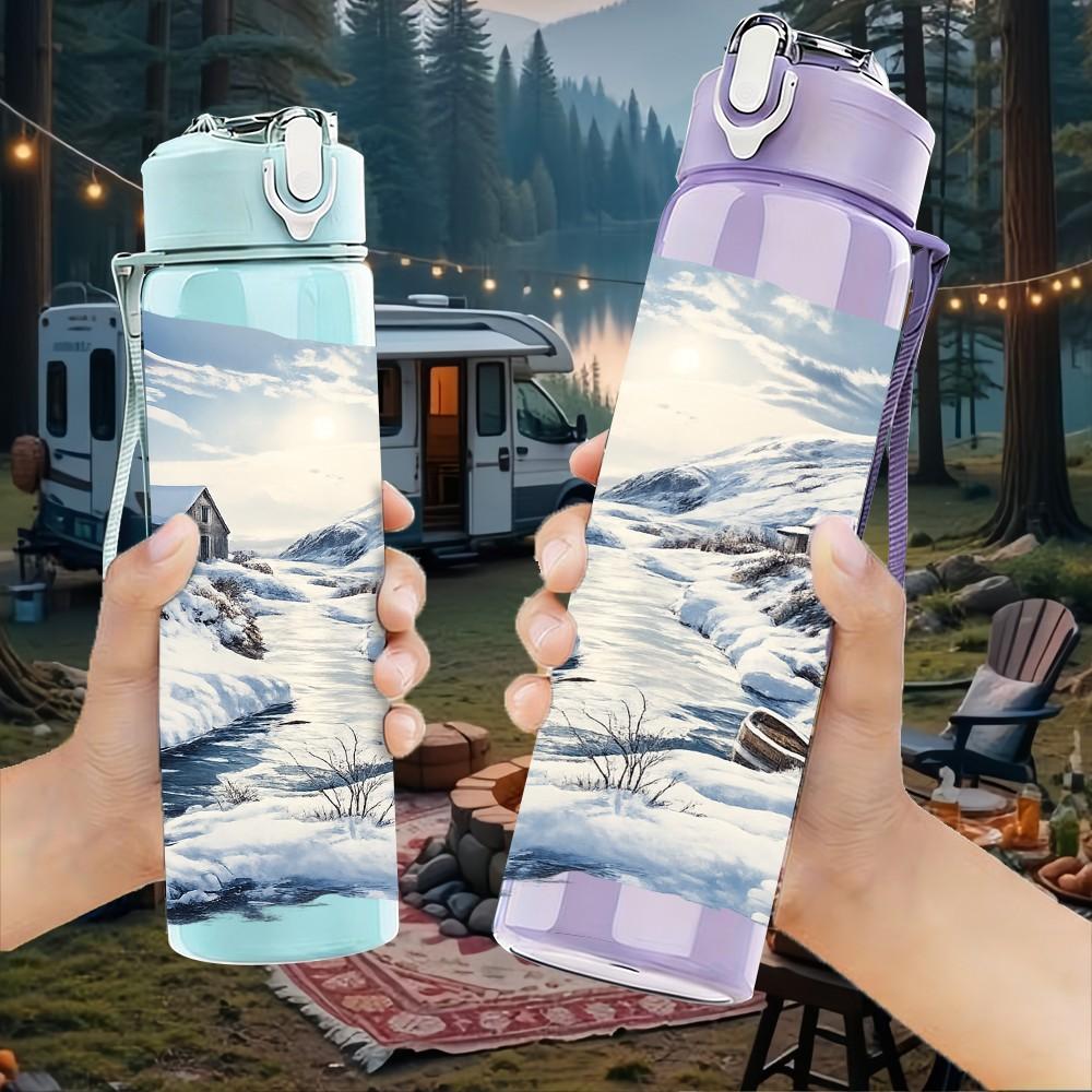 1PC Snow Mountain Lake Winter Landscape Print 750ml Color Plastic Sports Water Bottle Leakproof Flip Straw Lid Suitable for Sports Office Home Use