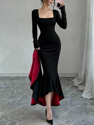 Women's Slim-Fit Fishtail Black Dress with Red Bottom - Long-Sleeved, Figure-Flattering for Autumn/Winter Season