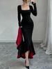 Women's Slim-Fit Fishtail Black Dress with Red Bottom - Long-Sleeved, Figure-Flattering for Autumn/Winter Season