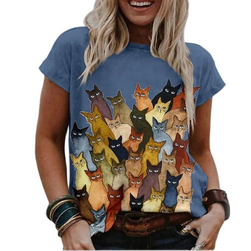 3D Cat Painting Women's T-shirt Cat Image Printing Round Neck Casual Summer Tops