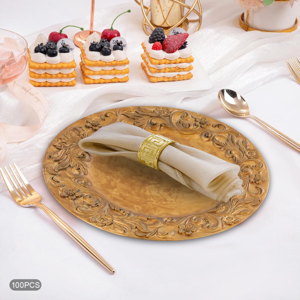 100 Pcs Gold Plastic Antique Charger Plates, 13inch Embossed Rim Reusable for Christmas Halloween Wedding Party Table Decoration