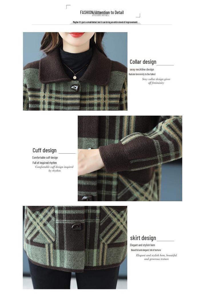 Mother's Spring/Fall Plaid Square-Neck Cardigan: 2025 New Wool Coat for Middle-Aged and Elderly Women