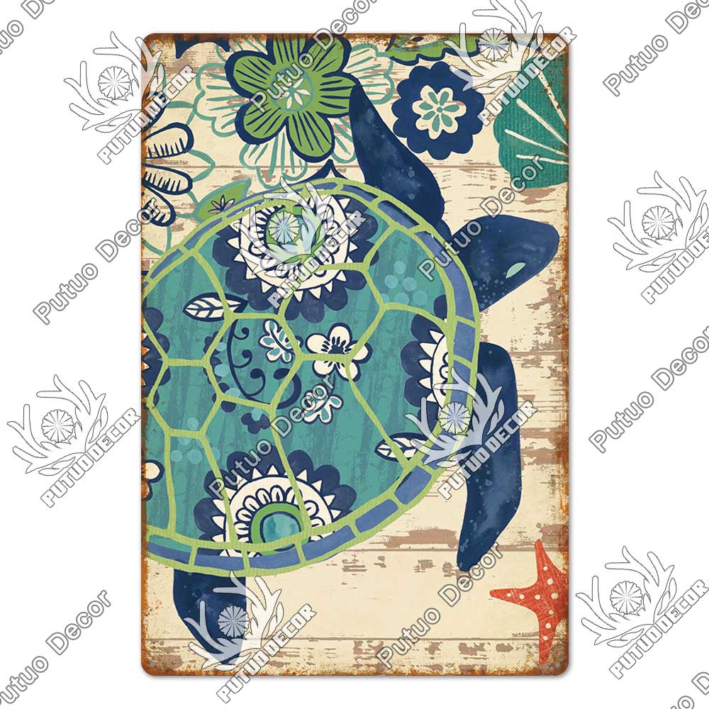 Decor Marine Animals Tin Sign Vintage Plaque Metal Wall Retro Posters for Beach Bar House Decorative Art Iron Painting