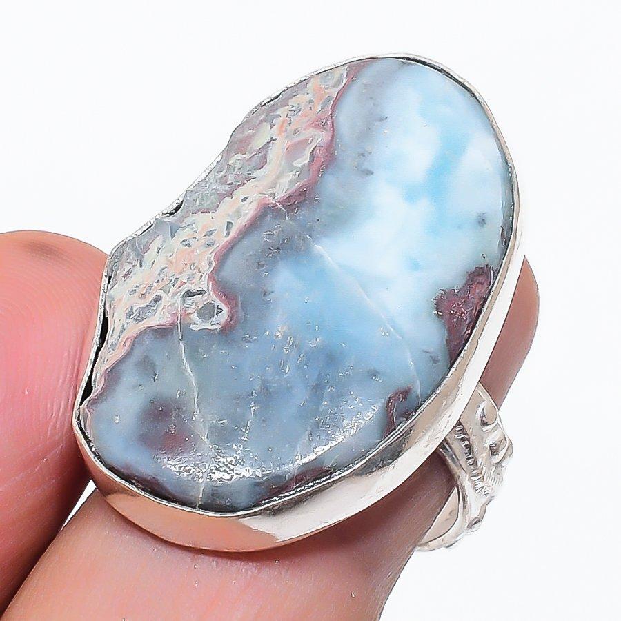 Natural Larimar Gemstone Handmade 925 Sterling Silver Jewelry Ring Size 7 p3Z85