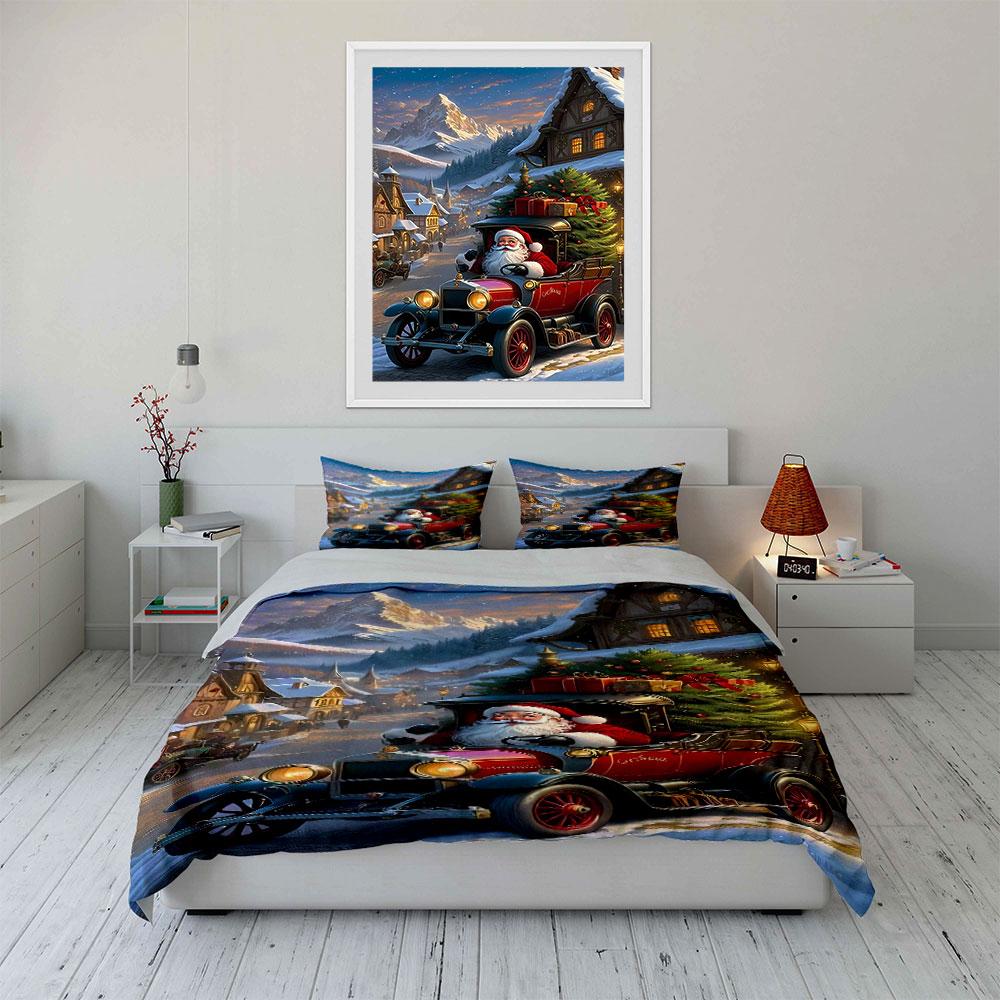 Santa driving classic car. Bedding sets Duvet cover sets Duvet covers Pillowcases(1 * Duvet Cover 2 * Pillowcases without duvet insert)