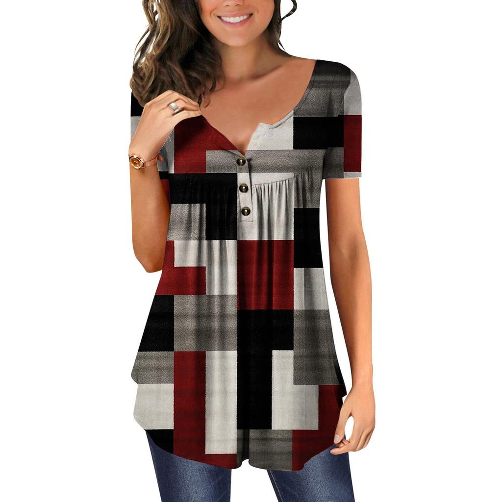 Women's V-Neck Color Block Patchwork Printed Button Flower Short Sleeve T-shirt Top