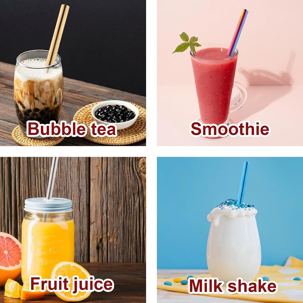 4 Stück Edelstahl-Strohhalme Wiederverwendbare Perlenmilchshake-Bubble-Tea-Strohhalme mit Bürste Rührstäbchen Smoothie Löffel-förmiges Strohhalm-Set