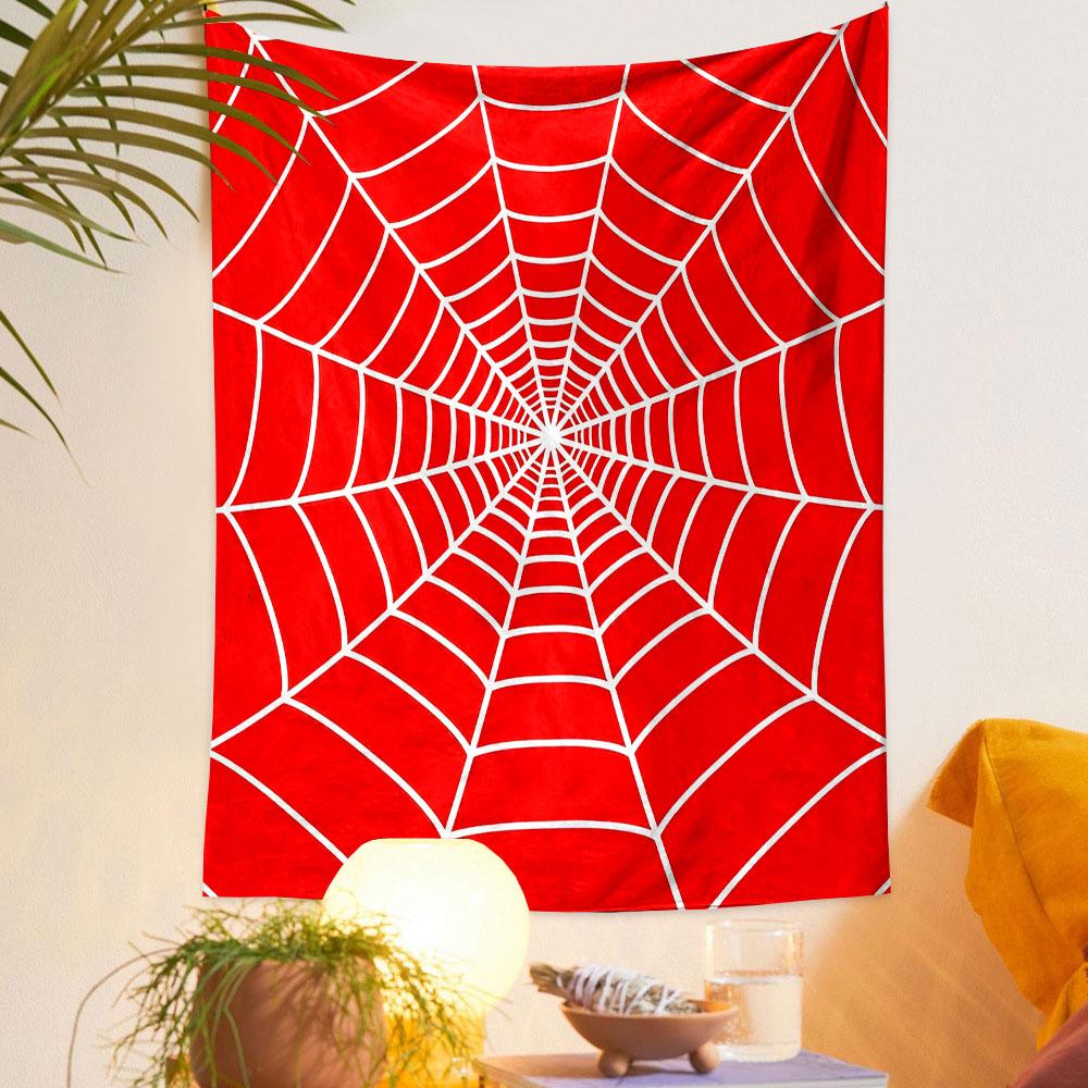 Red Spiderweb Design Patterned Tapestry Decorative Wall Hanging, Home Bedroom Living Room Decor