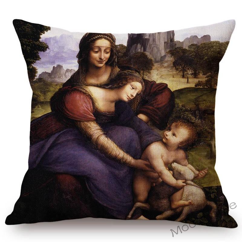 Renaissance Raffaello Saint Virgin Mary Madonna Oil Painting Art Sofa Throw Pillow Case Da Vinci Goose Linen Chair Cushion Cover