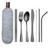 Travel Portable Stainless Steel Cutlery Set: Knife, Fork, Spoon, Straw, Chopsticks with Bag