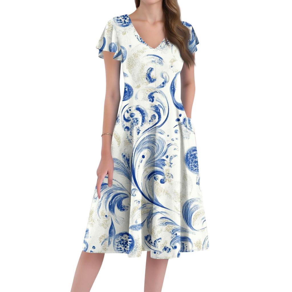 A Casual And Fashionable V-Neck Short-Sleeved Medium-Length Dress With Floral Prints For Women