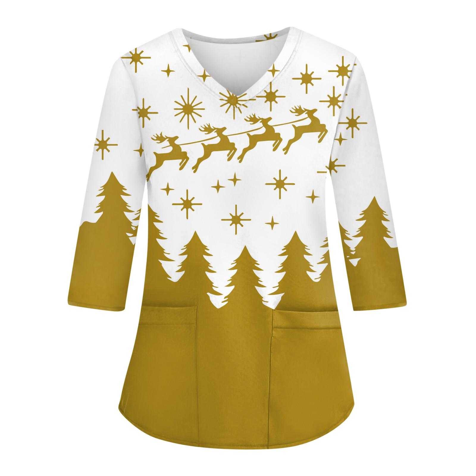 

Женский повседневный рождественский свободный V-образный вырез с карманом и принтом, рукава три четверти XL жёлтый