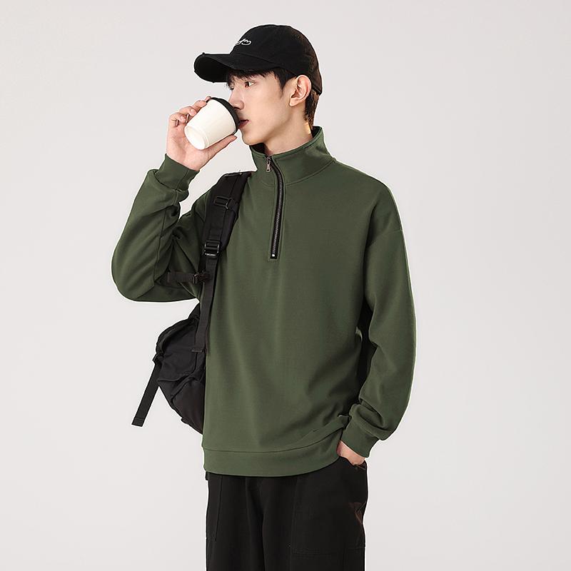 Spring Autumn Stand Collar Half Zipper Casual Fashion Sweatshirt Male Solid Pullover Tee Top Men