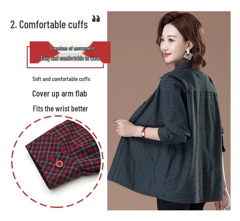2025 New Autumn Plaid Cotton Shirt for Middle-Aged & Elderly Women - Plus Size, Turn-Down Collar, Cotton Linen