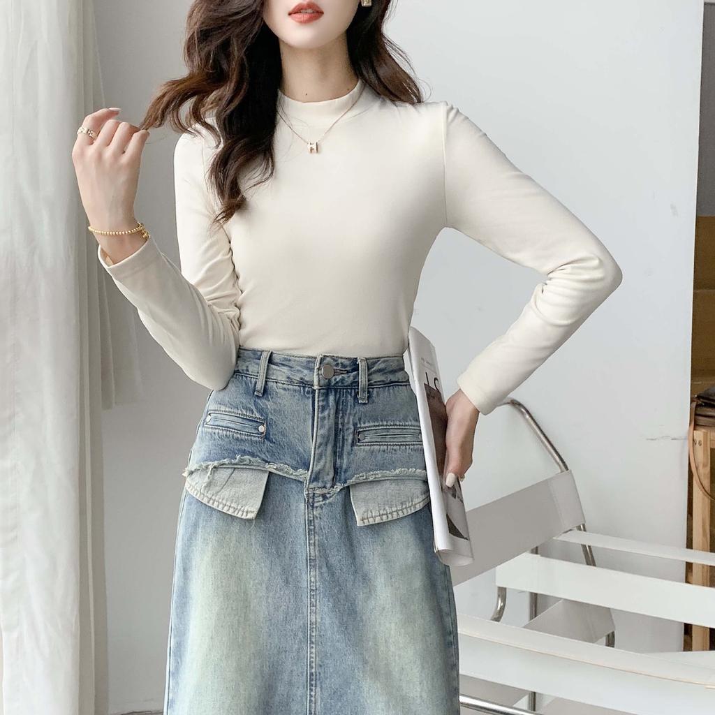Coconut Oil Base Shirt for Women In Autumn and Winter New Korean Style Slim Fit and Velvet Round Neck Long Sleeve Versatile Warm Top