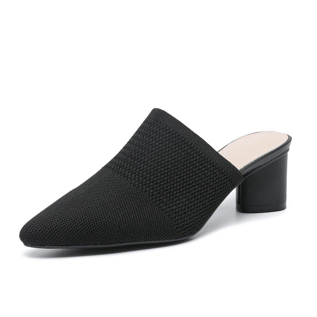 Damen Große Größe Frühling Spitzschuh Dicken Absätzen Sandalen Schuhe Casual Flyknit Blockabsatz Tiefe Öffnung Einfarbig Gestrickte Slipper Schuhe 34-43