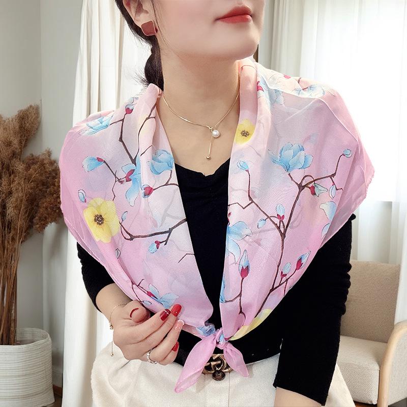 Large 95cm Square Korean Silk Chiffon Scarf for Women - Printed Neck or Head Scarf