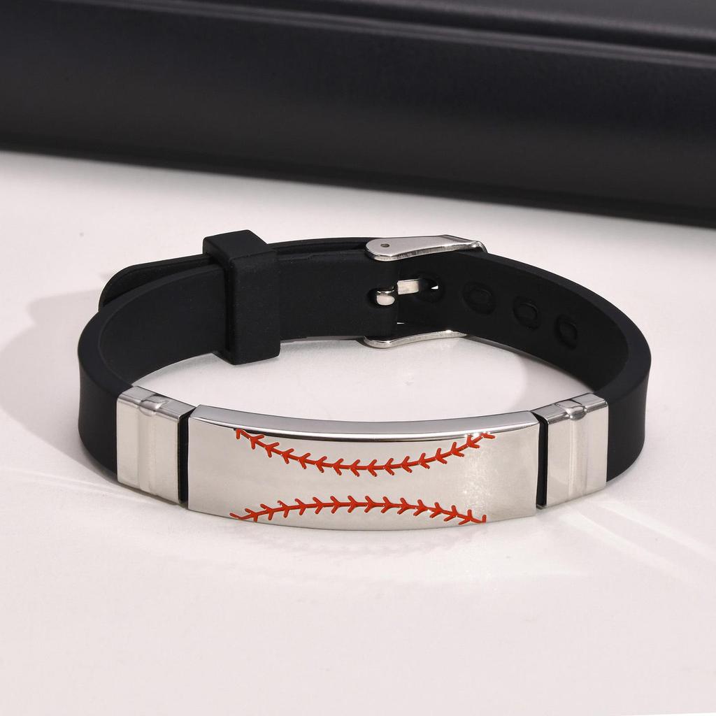 Men's Stainless Steel & Silicone Baseball Pattern Bracelet BS-105