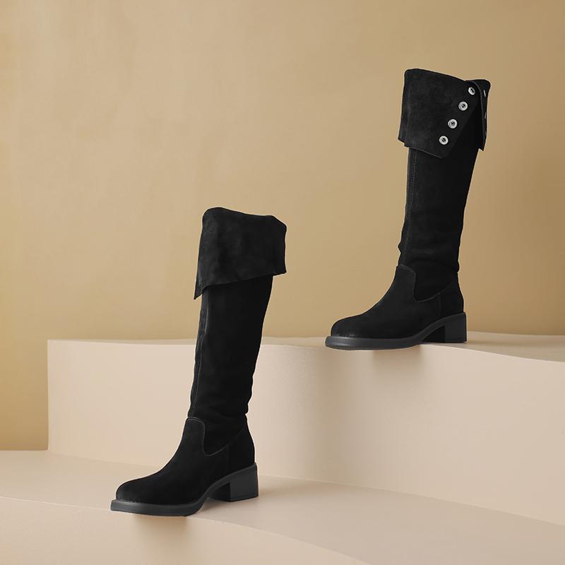 

Осенние женские ботинки Обувь для женщин Квадратный носок Массивный каблук Ботинки на платформе Сапоги до колена Обувь из коровьей замши 40
