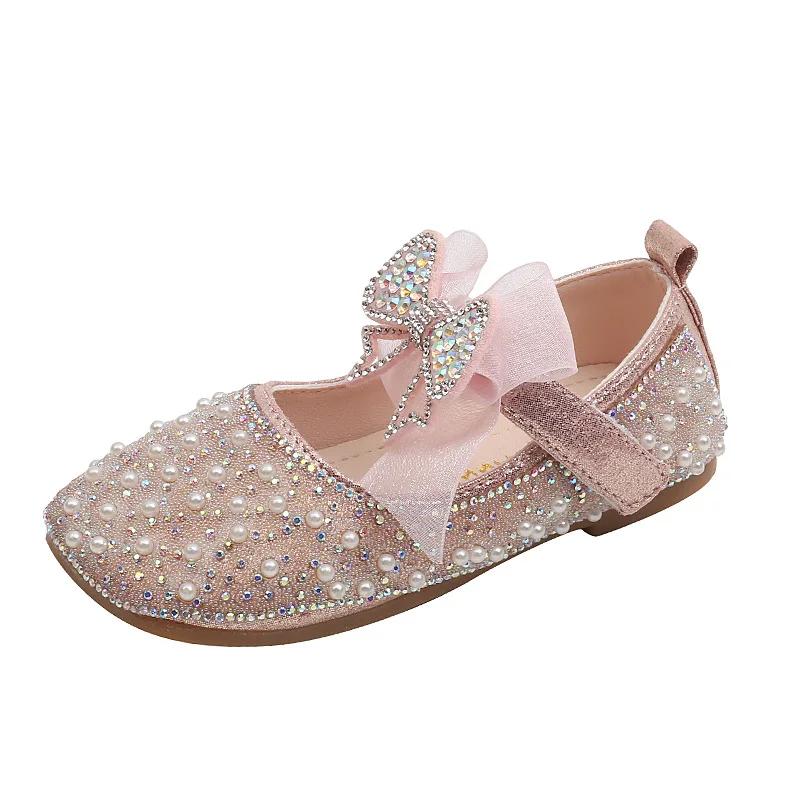 Spring Children's Lace Bow Princess Shoes Girls Bling Square Toe Leather Shoes New Kids Soft-Soled Versatility Stage Shoe I06198