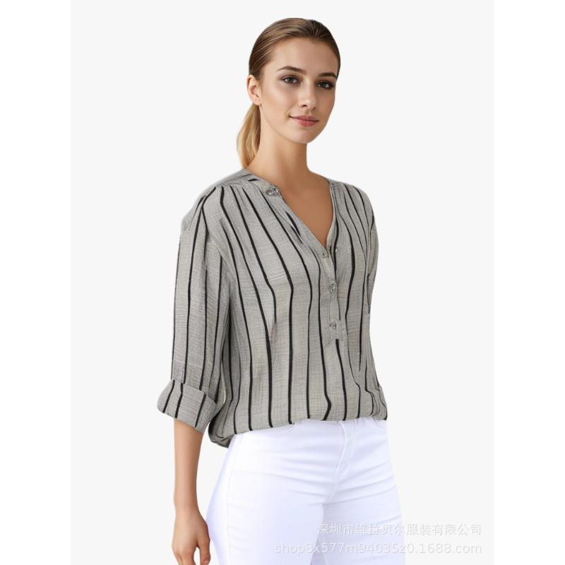 Damenhemd Frühling und Herbst Langarm Einfach Locker Lässig Bedruckte Gestreifte Hemden für Damen Stilvolle Elegante Büro Damenbluse