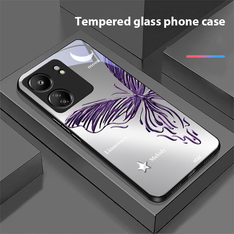 Metallic Butterfly For Xiaomi Redmi 13C Note13 12 Pro Plus 5G Note 9 13T Pro POCO X6 F5 F6 Black Tempered Glass Phone Case