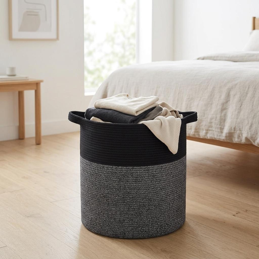 Rustic Cotton Rope Storage Basket Large Laundry Hamper for Bedroom Nursery Toys Blankets Organizer Bin Durable Home Decor