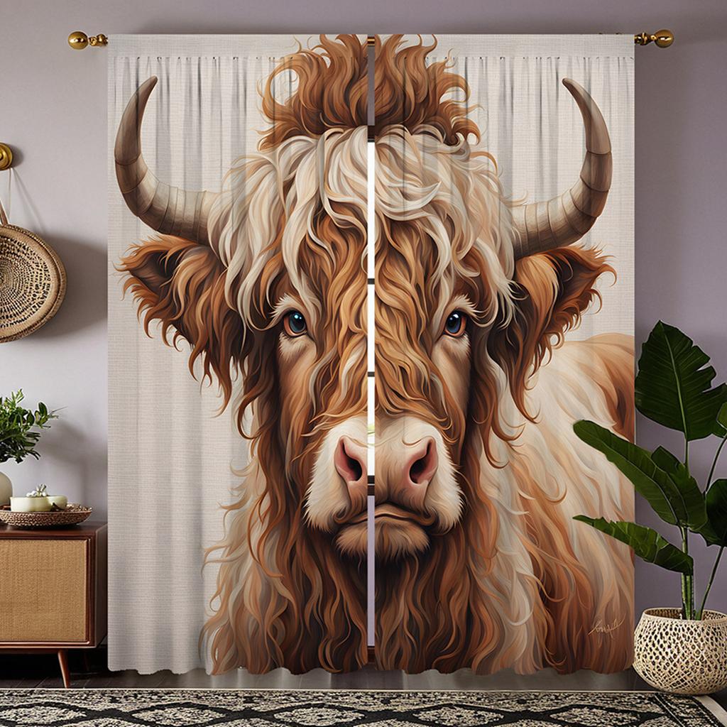 2pcs HD prairie yak decorative curtain Yellow tie digital printed curtain Home decoration style Decoration living room bedroo