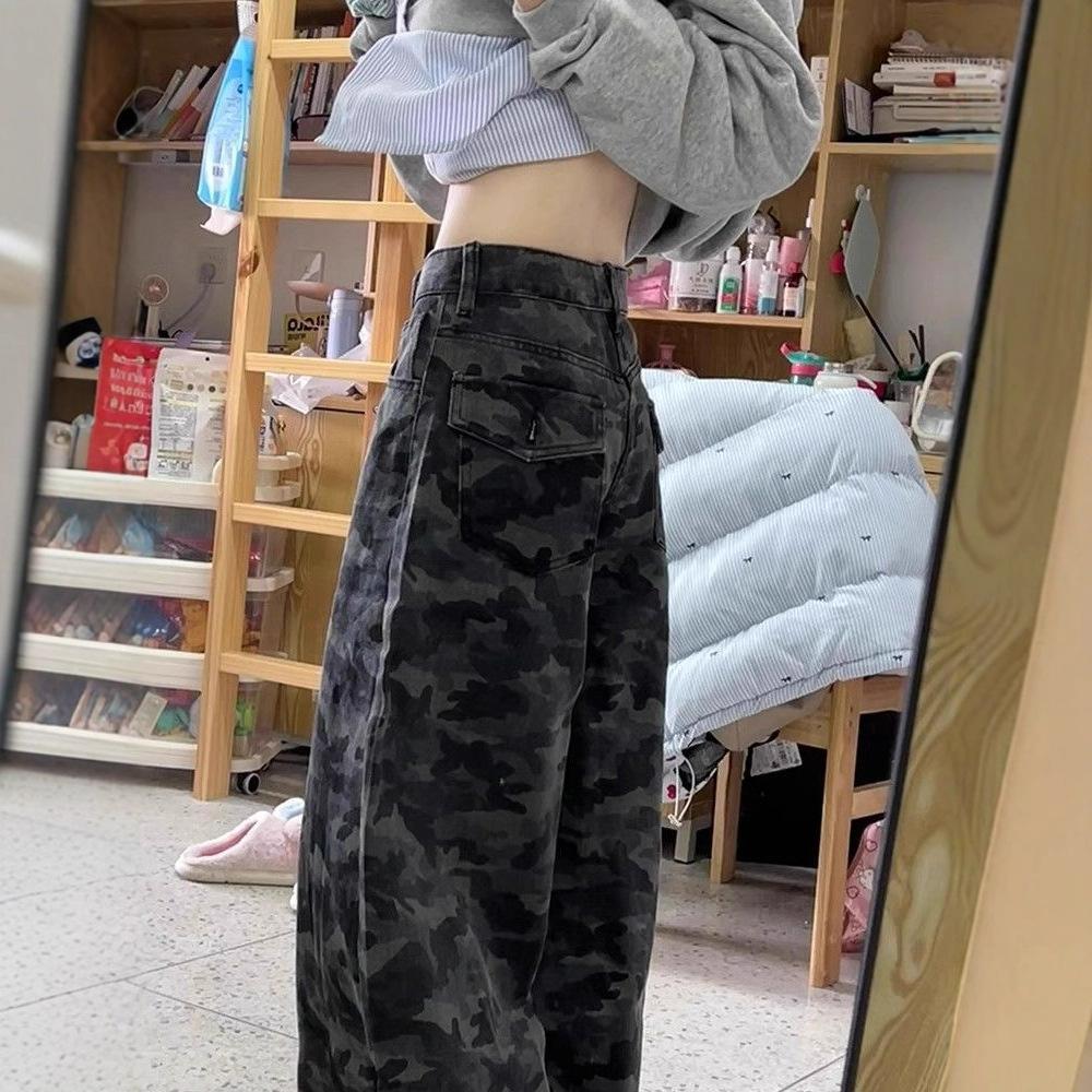 Comfortable Work Camouflage Wide-legged Jeans Female Autumn Loose Straight High-waisted Thin Trailing Trousers Jeans for Women Long Denim Pants