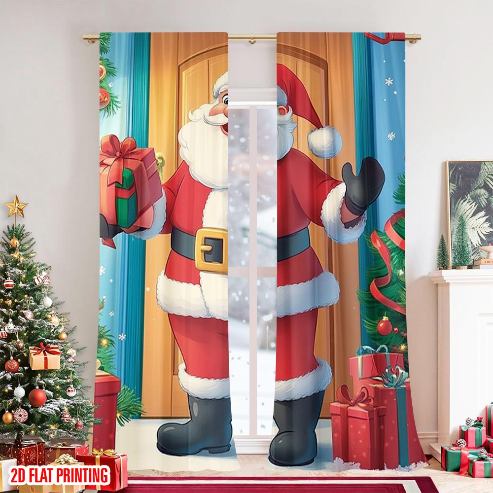 2pcs 2D Flat Printing Christmas Party Curtain Santa Christmas Versatile Fabric Without Electricity Party Decorations for Holiday