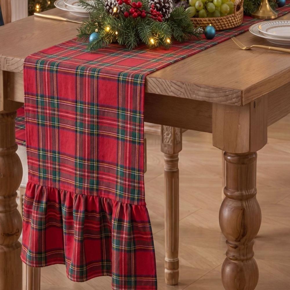 Double Ended Lotus Leaf Edge Christmas Table Runner Washable Rustic Style Ruffle Edge Table Flag Vintage Checkered