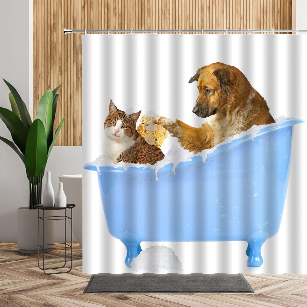 Cartoon Cute Animal Shower Curtain Cat Dog Anime Printed Bathroom Decor 3D Waterproof Bath Fabric Home Curtains For Children