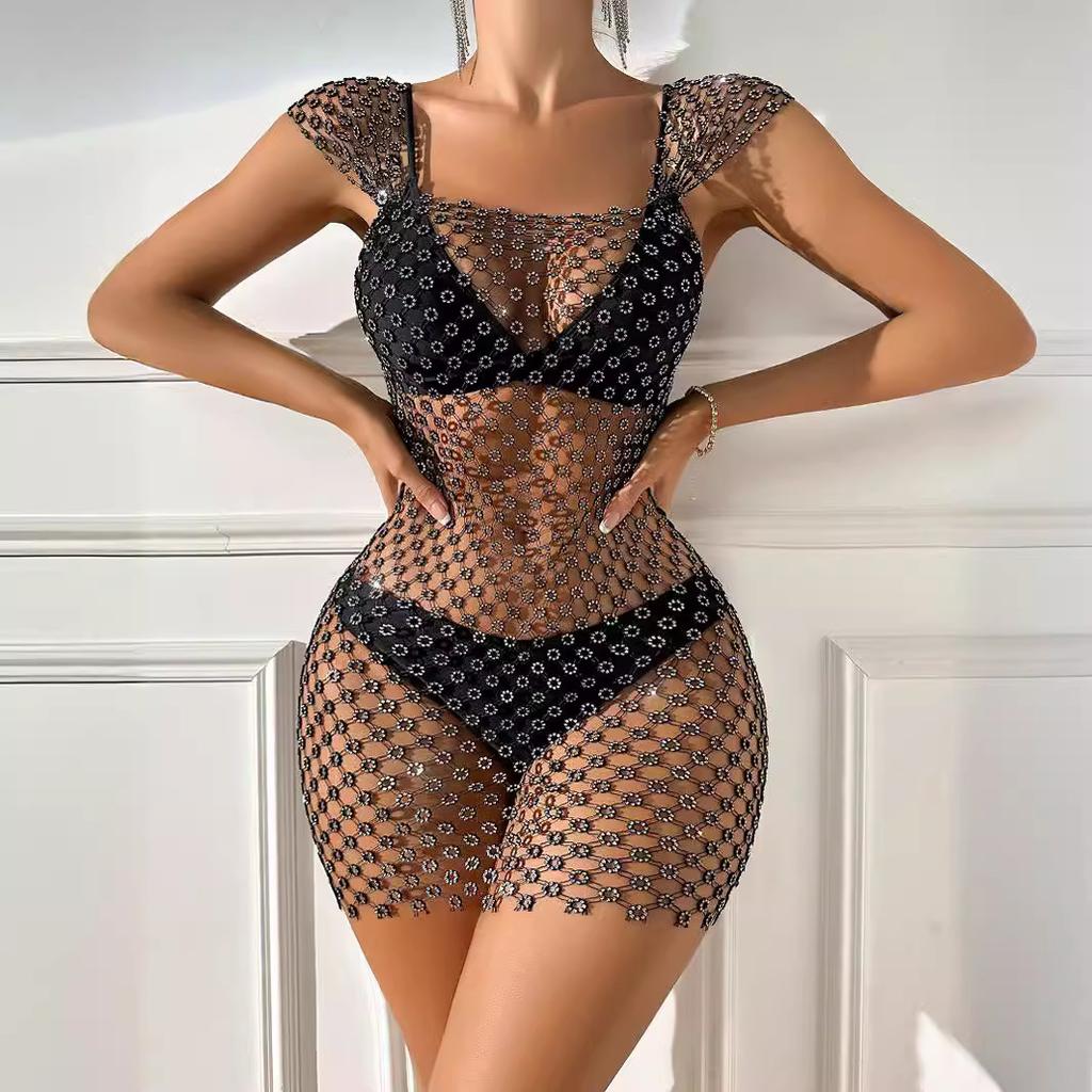 Fashion 2025 Plum blossom fishing net bright diamond sexy dress 2