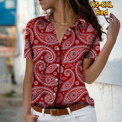 2025 Summer New Fashion Women's Retro Printed Short Sleeve V-neck Casual Button-down Shirt Top