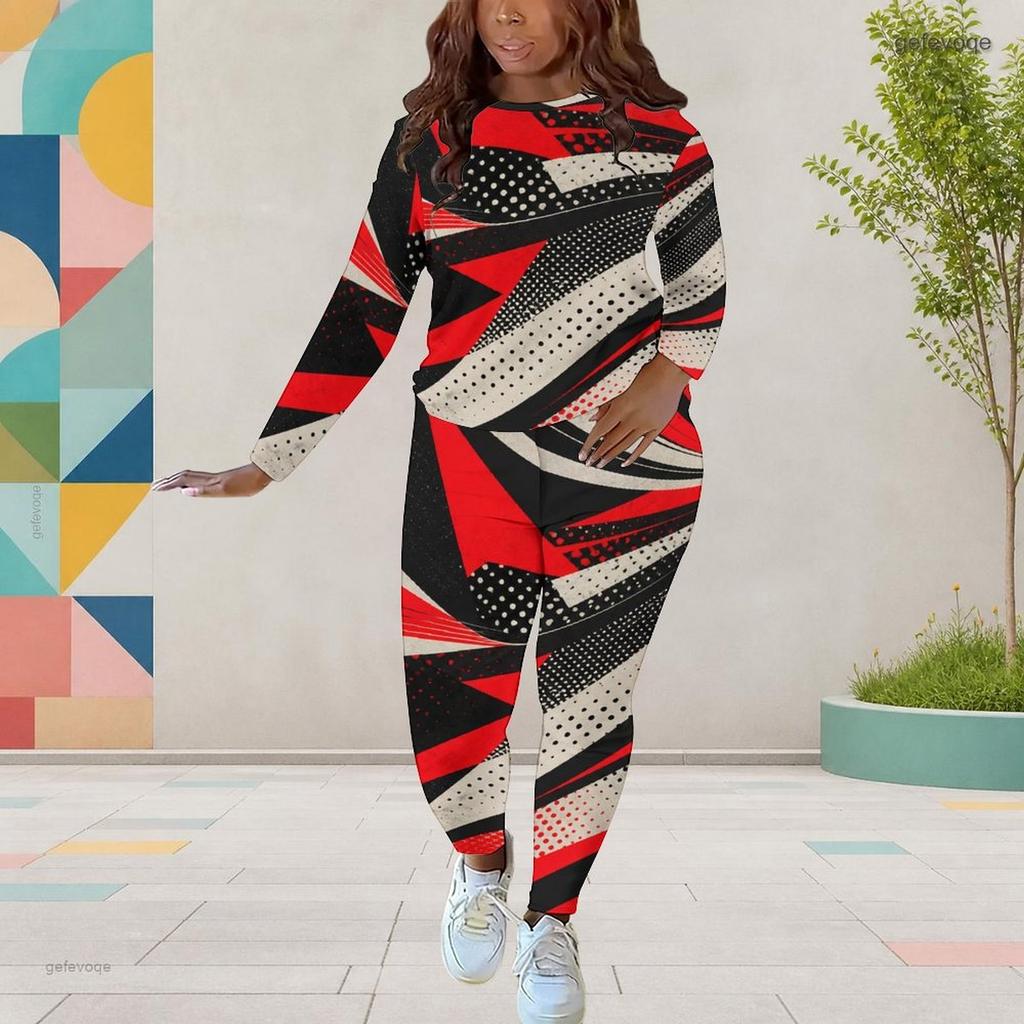 Women Plus Size Patchwork Printed Round Neck Long Sleeve Top And Fitted Pants Two Piece Set
