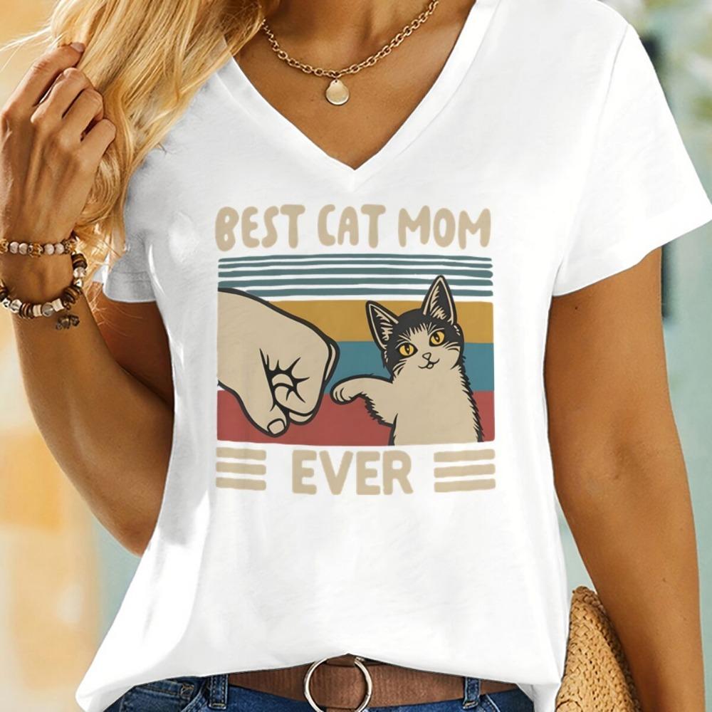 

The Best Cat Mom Ever Graphic T-shirt Cute Cartoon Cat Design V-neck Summer Blouse for Cat Lovers Women Casual T-shirt XL