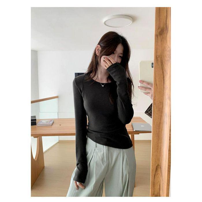 

Женская футболка с длинным рукавом в европейском стиле, сшивная, облегающая, - повседневный, универсальный базовый слой с круглым вырезом для весны и осени Large чёрный