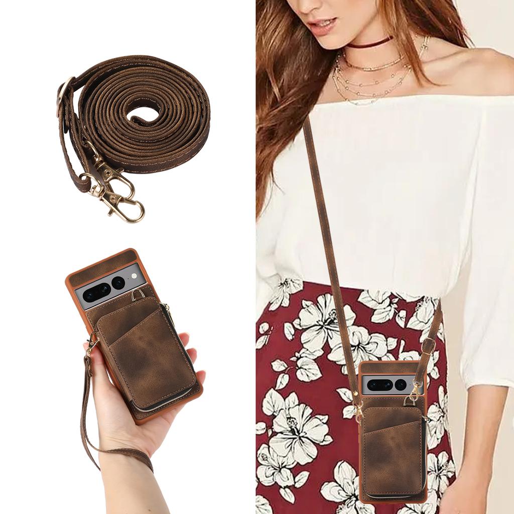 Zipper Crossbody Leather Wallet Necklace Lanyard Cards Solt Case For Google Pixel 7 Pro 7A 6A Bag Coin Purse Hand Strap Cover